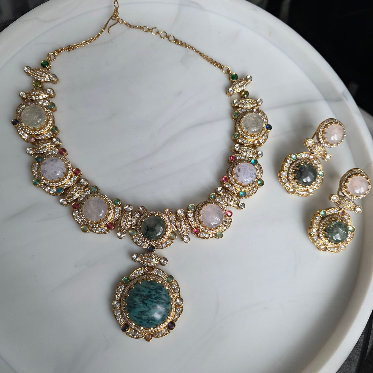 Elyzae Sabyasachi Mint & Opal Pink Stone Necklace Set