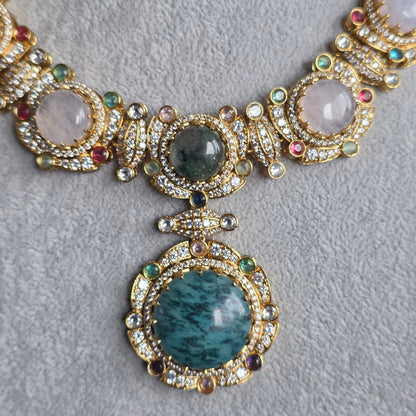 Elyzae Sabyasachi Mint & Opal Pink Stone Necklace Set