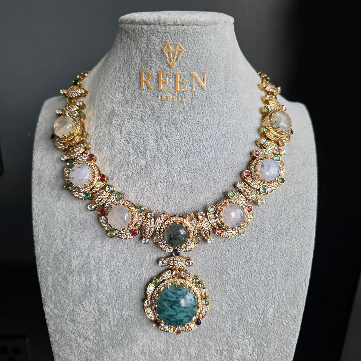 Elyzae Sabyasachi Mint & Opal Pink Stone Necklace Set