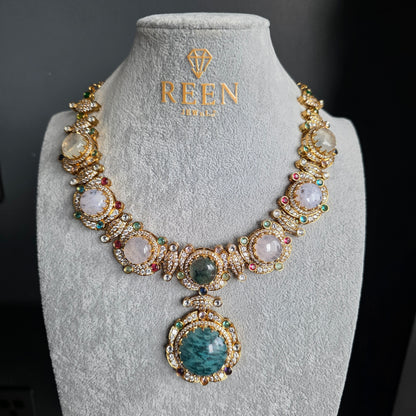 Elyzae Sabyasachi Mint & Opal Pink Stone Necklace Set