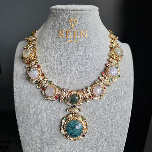 Elyzae Sabyasachi Mint & Opal Pink Stone Necklace Set image 3
