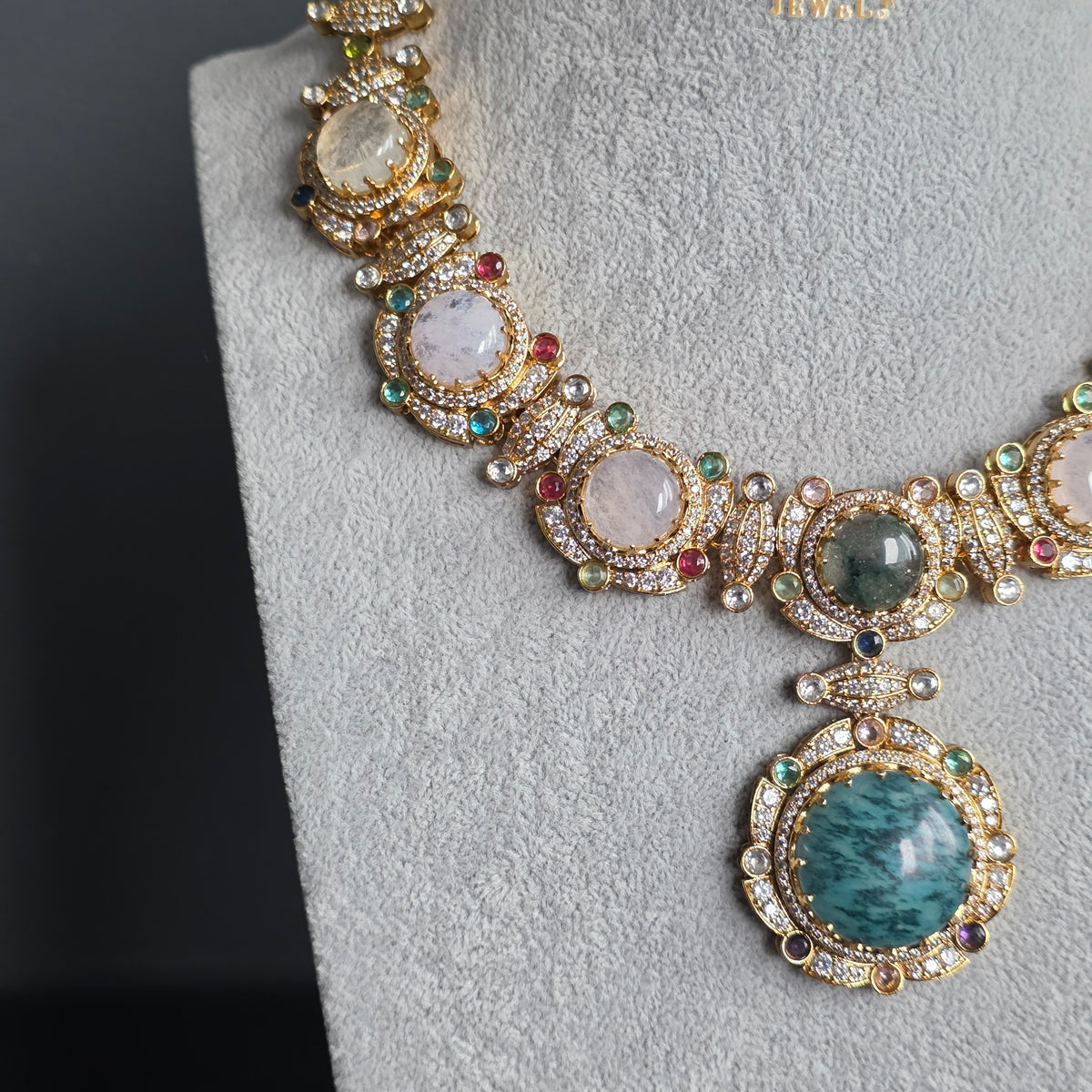 Elyzae Sabyasachi Mint & Opal Pink Stone Necklace Set