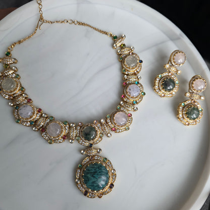 Elyzae Sabyasachi Mint & Opal Pink Stone Necklace Set