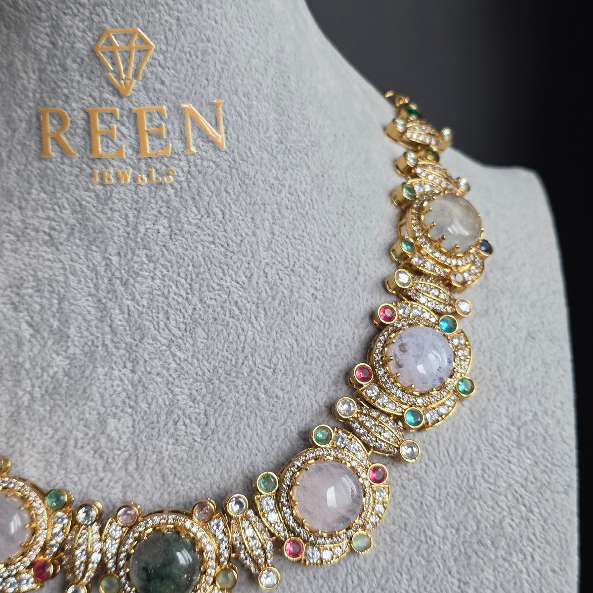 Elyzae Sabyasachi Mint & Opal Pink Stone Necklace Set