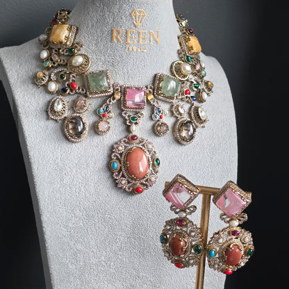 Elyzae Sabyasachi Peach Stone Multi Necklace Set