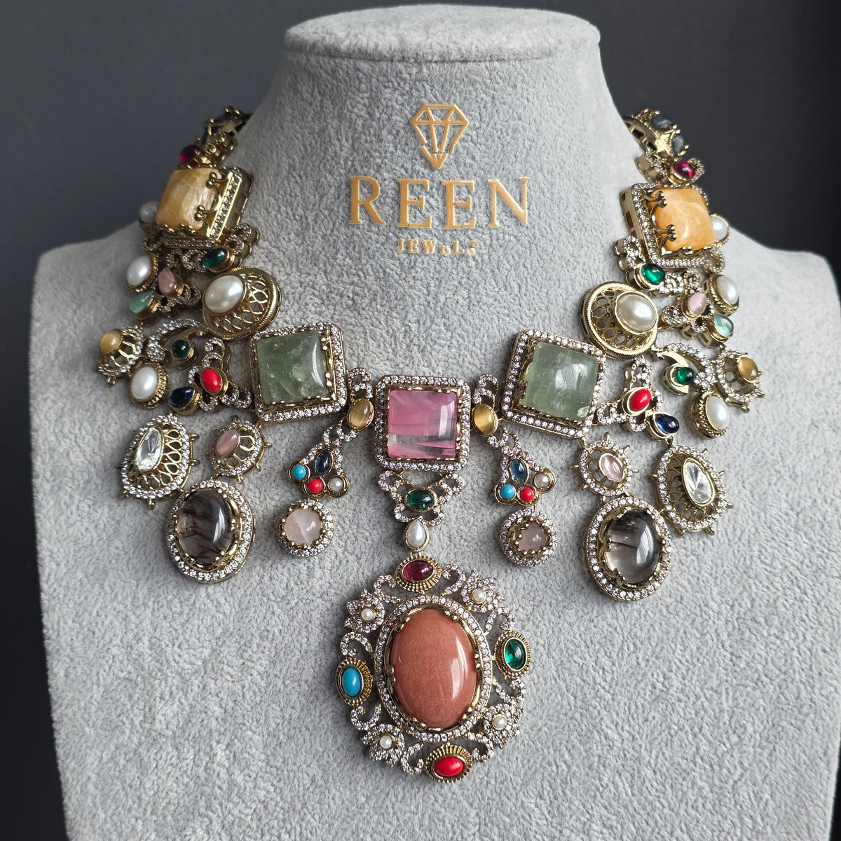Elyzae Sabyasachi Peach Stone Multi Necklace Set
