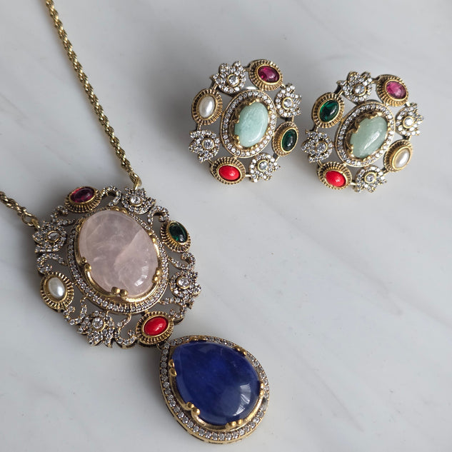 Elyzae Sabyasachi Pink & Blue Stone Chain Mala set