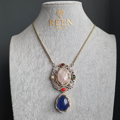 Elyzae Sabyasachi Pink & Blue Stone Chain Mala set