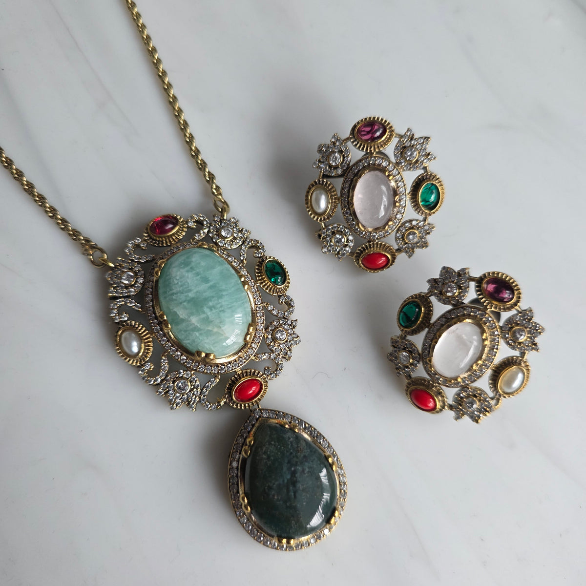 Elyzae Sabyasachi Turquoise & Forest Green Stone Chain Mala set