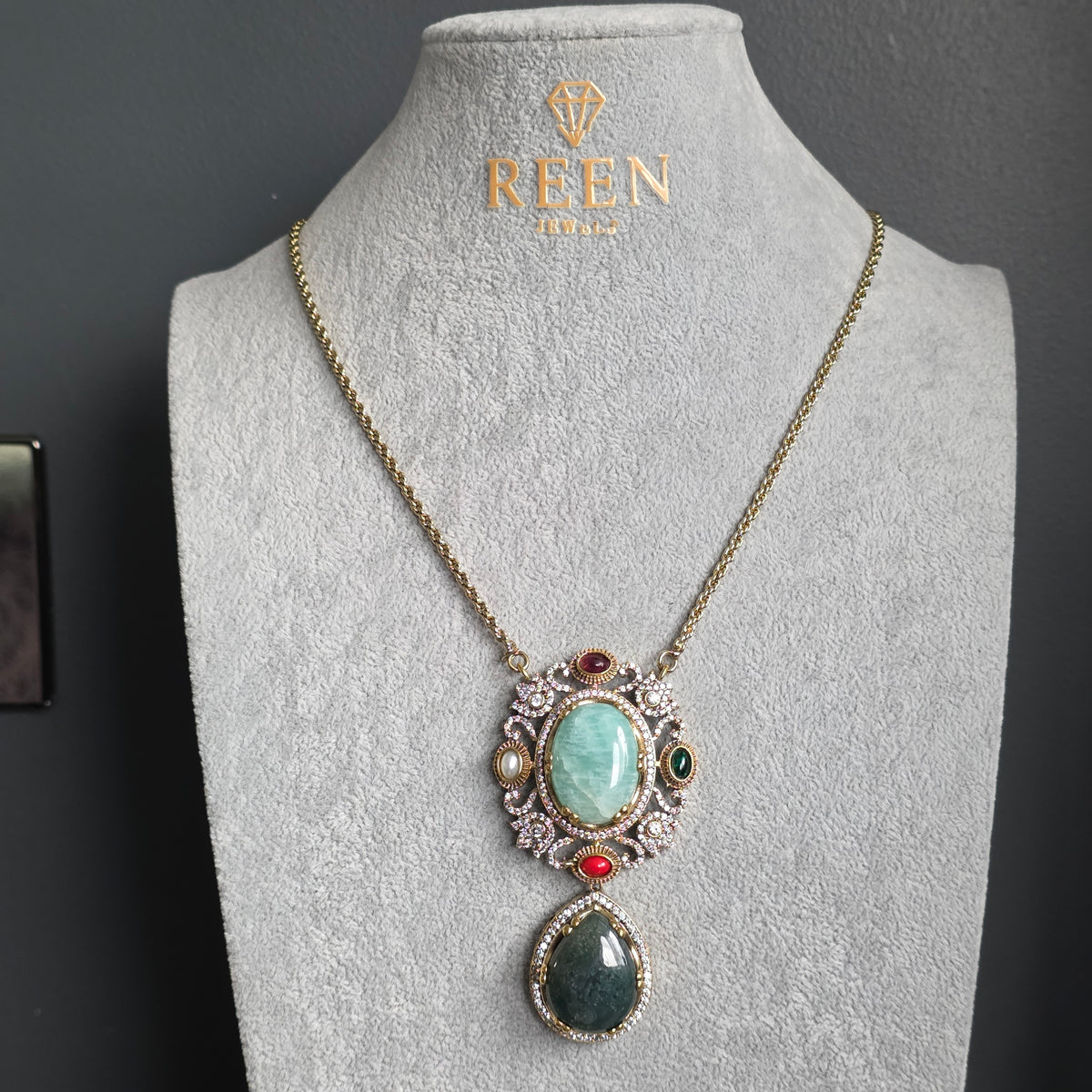 Elyzae Sabyasachi Turquoise & Forest Green Stone Chain Mala set