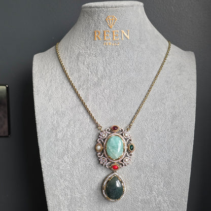 Elyzae Sabyasachi Turquoise & Forest Green Stone Chain Mala set