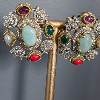 Elyzae Sabyasachi Turquoise & Forest Green Stone Chain Mala set
