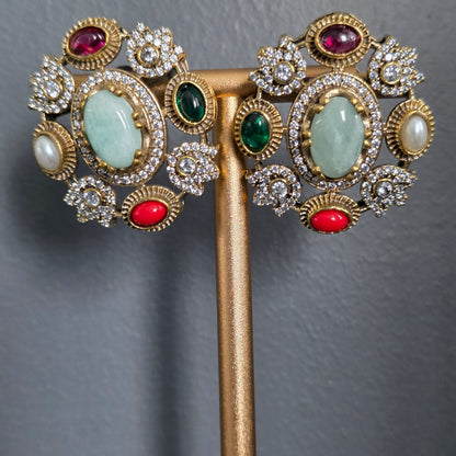 Elyzae Sabyasachi Turquoise & Forest Green Stone Chain Mala set