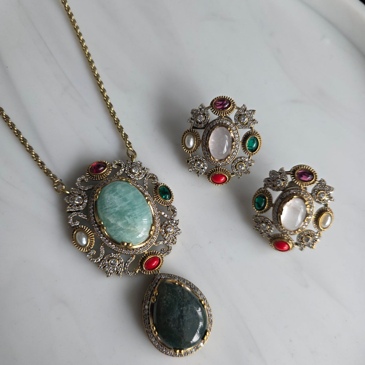 Elyzae Sabyasachi Turquoise & Forest Green Stone Chain Mala set