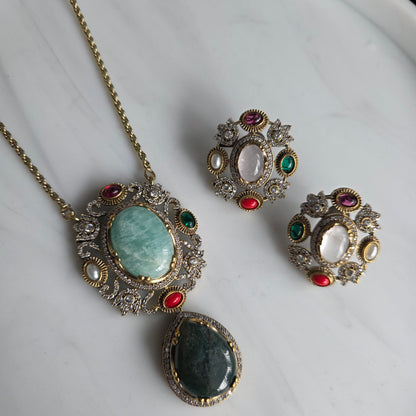 Elyzae Sabyasachi Turquoise & Forest Green Stone Chain Mala set