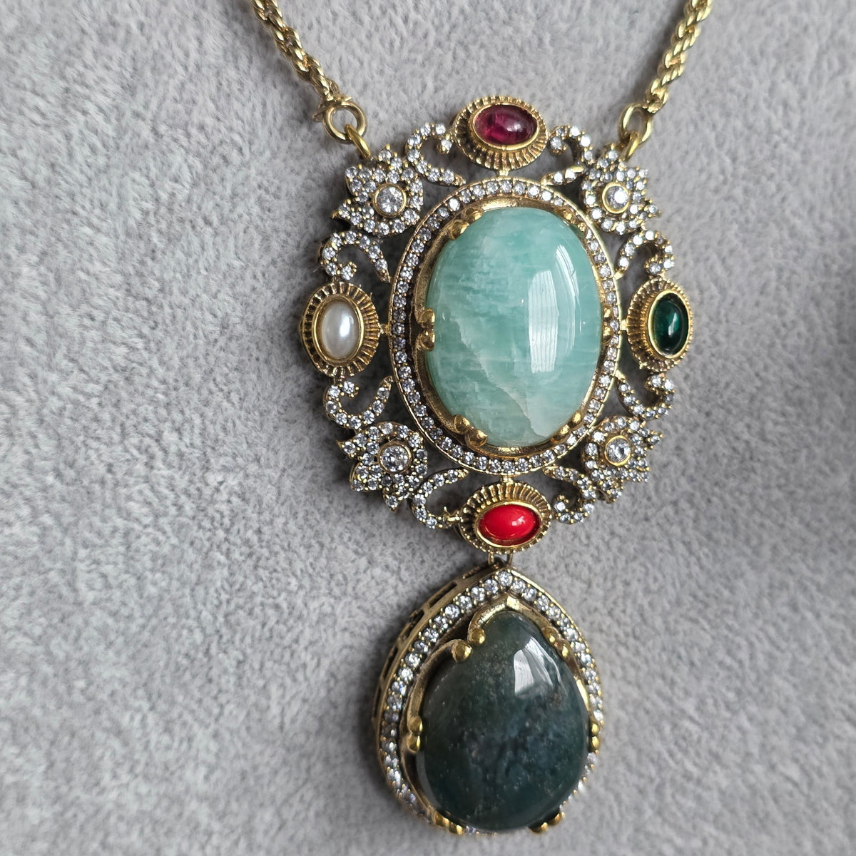 Elyzae Sabyasachi Turquoise & Forest Green Stone Chain Mala set