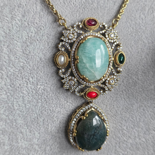 Elyzae Sabyasachi Turquoise & Forest Green Stone Chain Mala set image 3