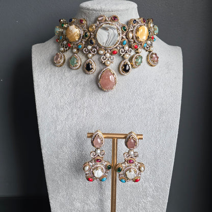 Elyzae White Marble Stone Multi Heavy Choker Set