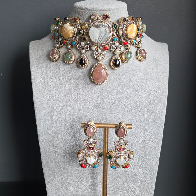 Elyzae White Marble Stone Multi Heavy Choker Set