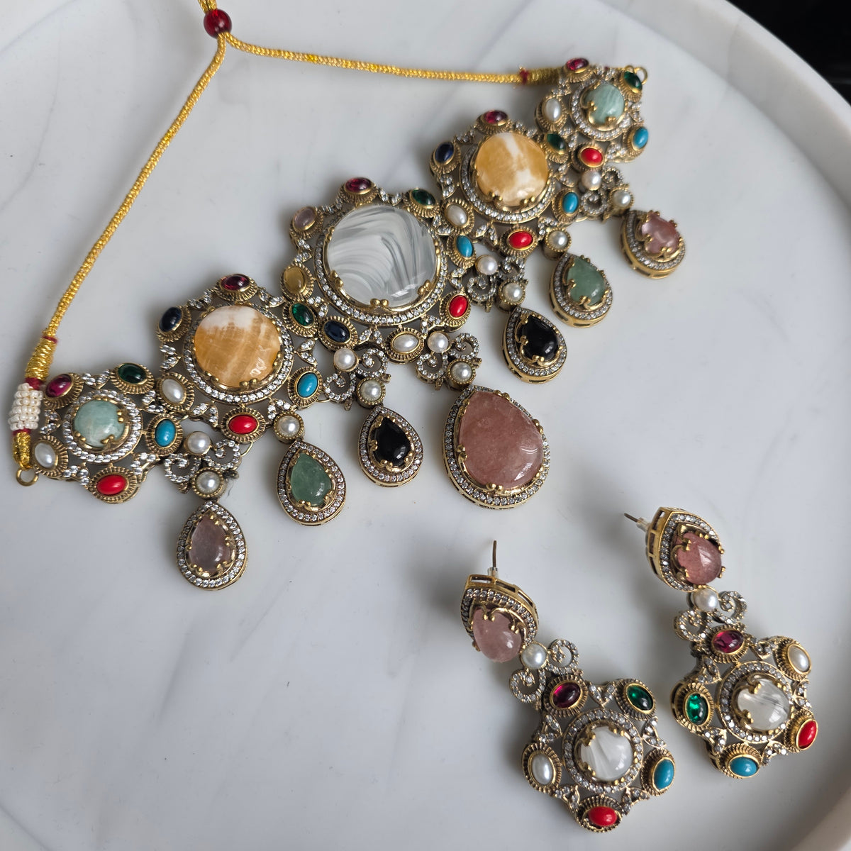 Elyzae White Marble Stone Multi Heavy Choker Set