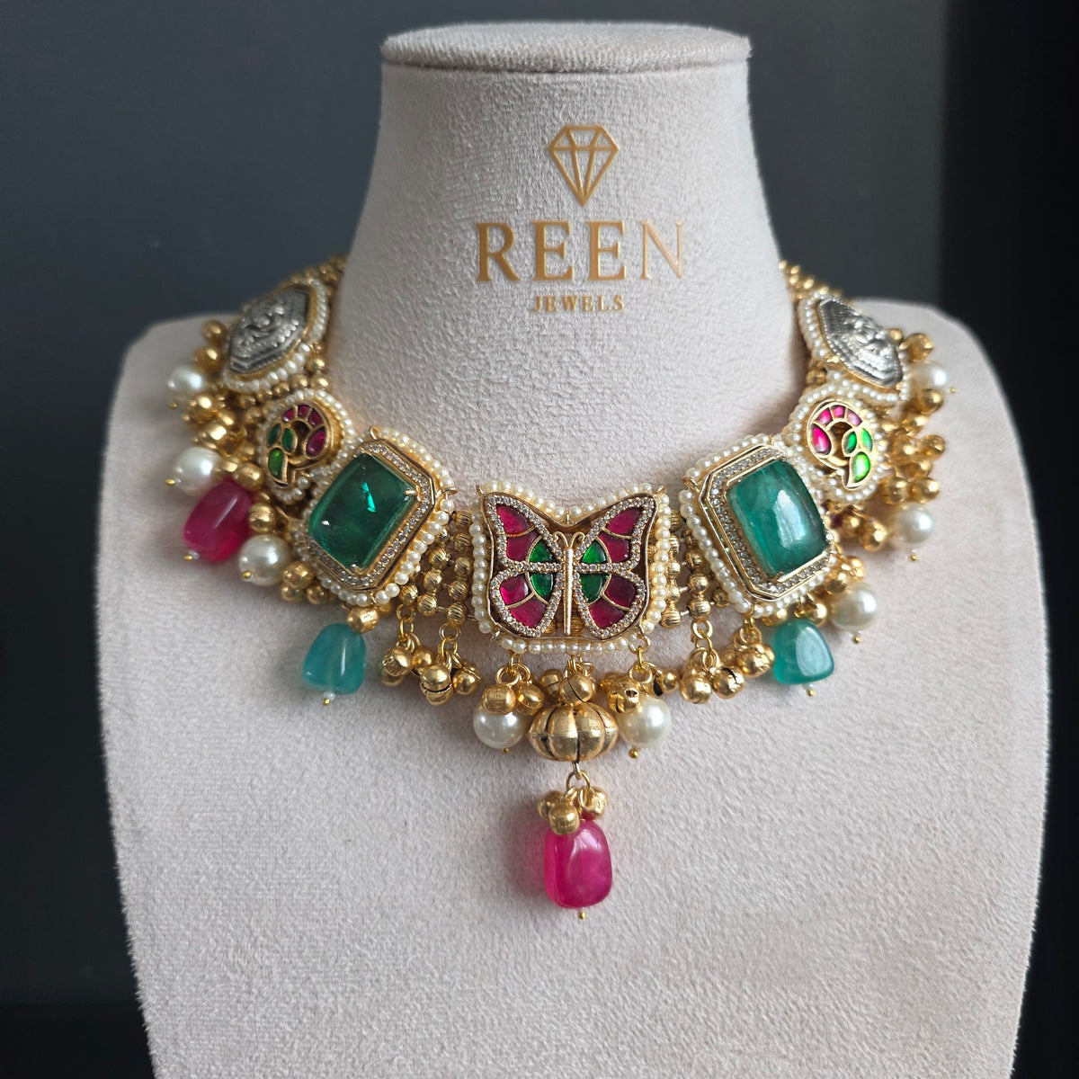 Eshale Fusion Butterfly Green & Pink Necklace Set