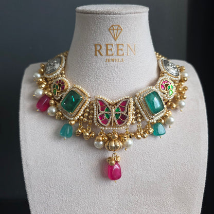 Eshale Fusion Butterfly Green & Pink Necklace Set
