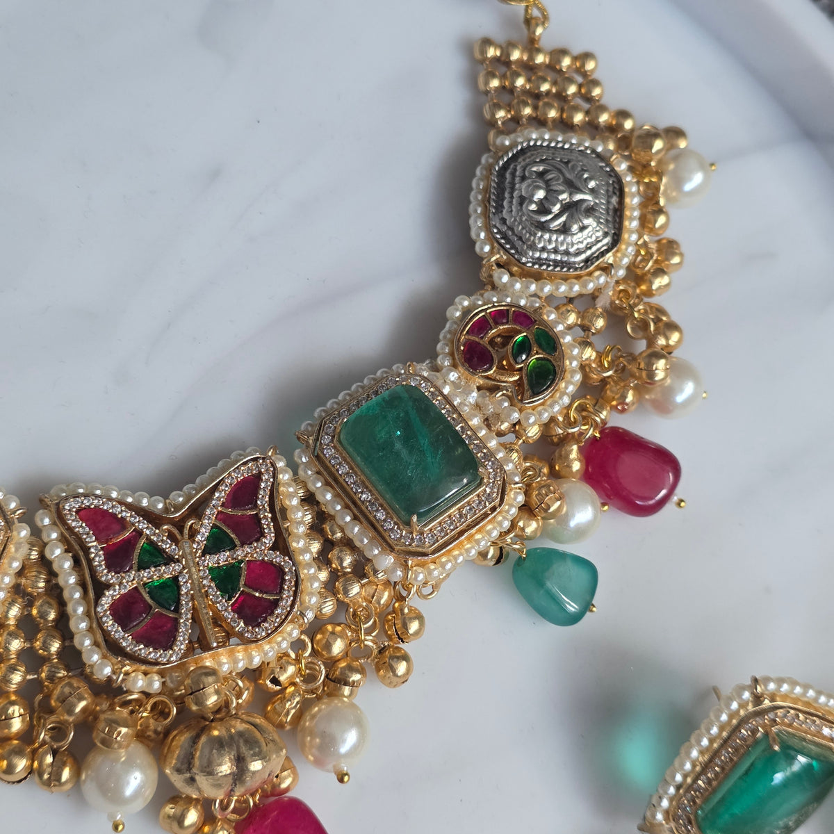 Eshale Fusion Butterfly Green & Pink Necklace Set