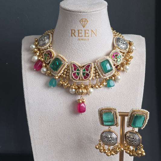 Eshale Fusion Butterfly Green & Pink Necklace Set image 2