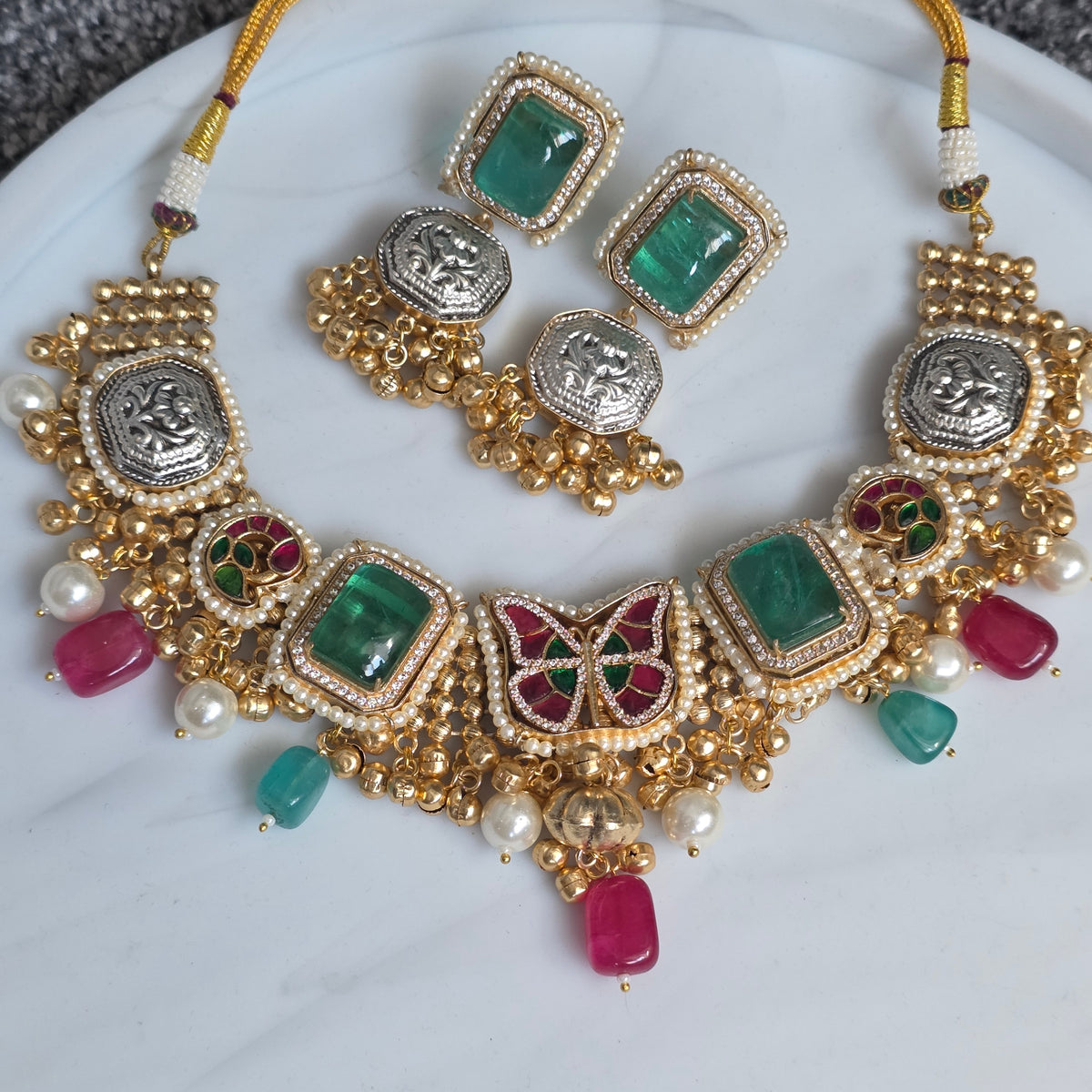 Eshale Fusion Butterfly Green & Pink Necklace Set