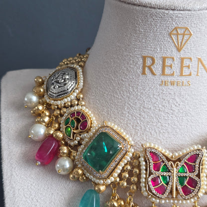 Eshale Fusion Butterfly Green & Pink Necklace Set