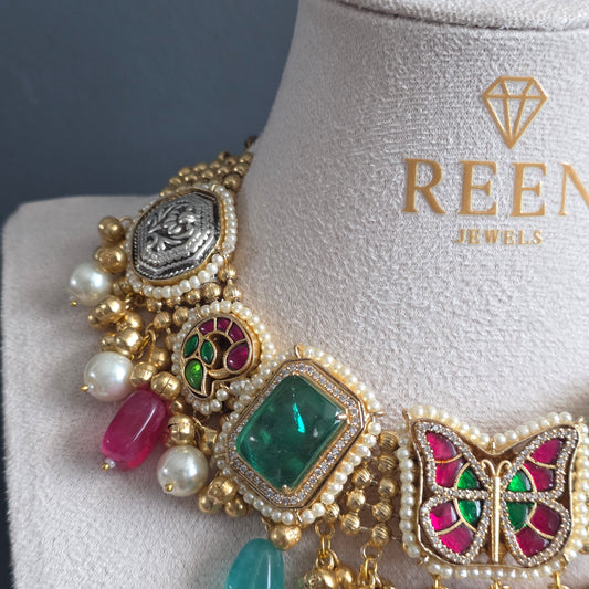 Eshale Fusion Butterfly Green & Pink Necklace Set image 3