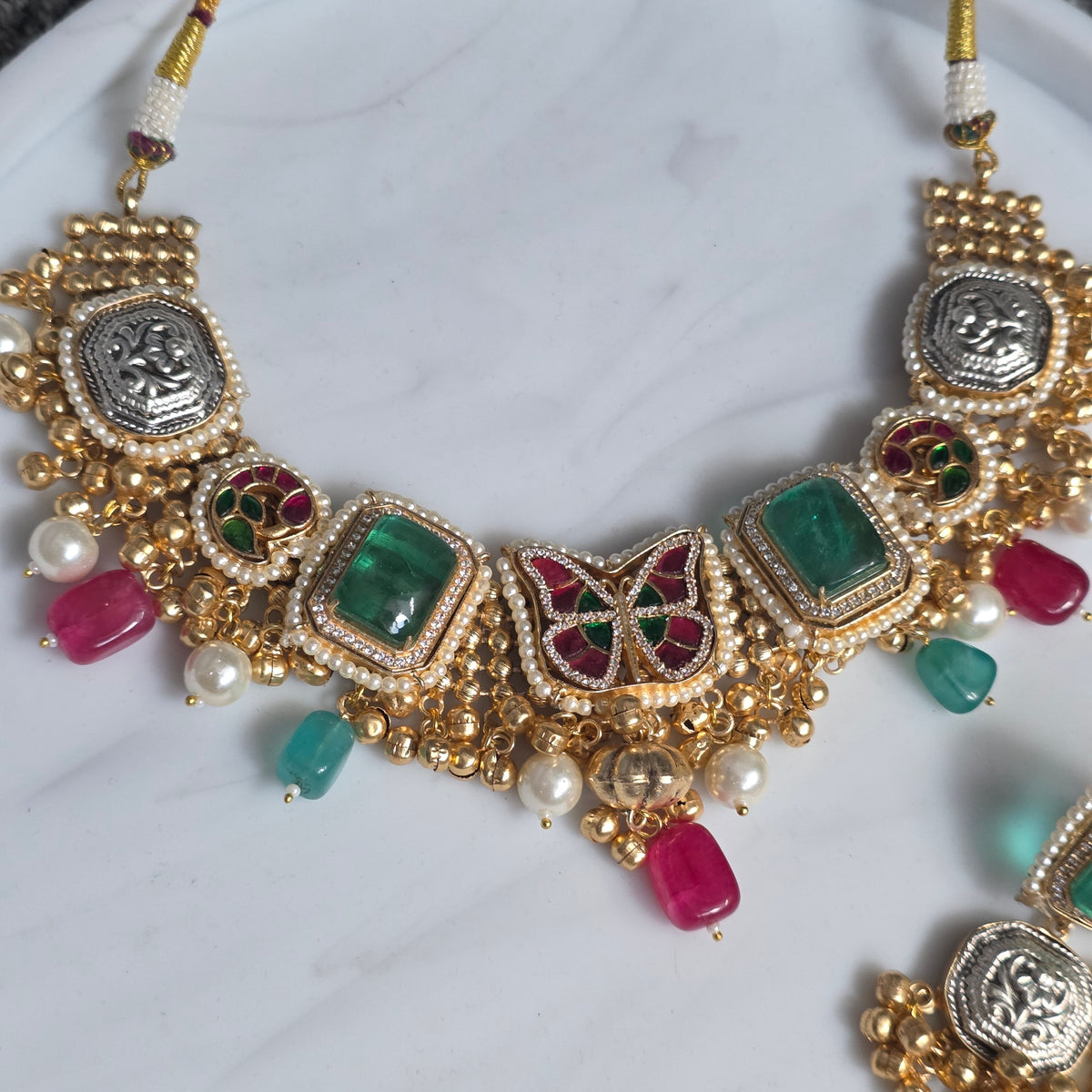 Eshale Fusion Butterfly Green & Pink Necklace Set