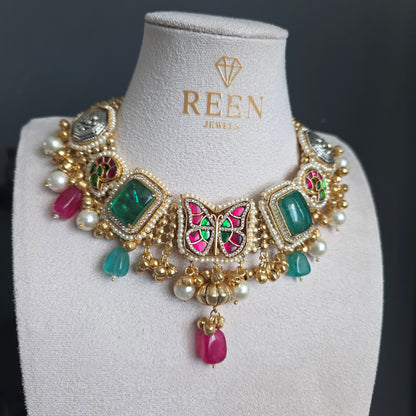 Eshale Fusion Butterfly Green & Pink Necklace Set