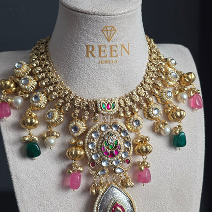 Eshale Fusion Motif Green & Pink Necklace