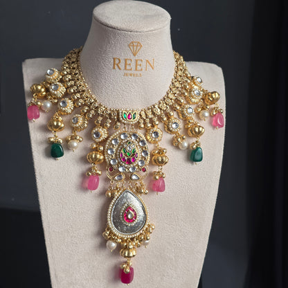 Eshale Fusion Motif Green & Pink Necklace