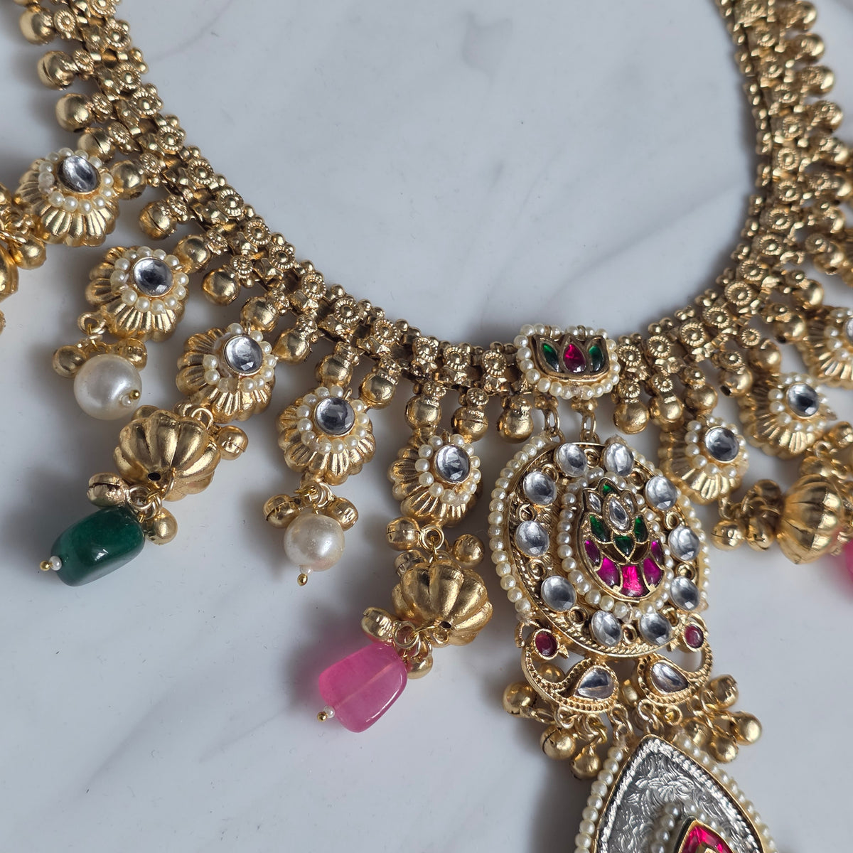 Eshale Fusion Motif Green & Pink Necklace