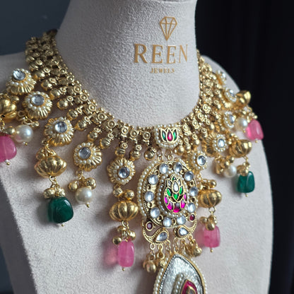 Eshale Fusion Motif Green & Pink Necklace