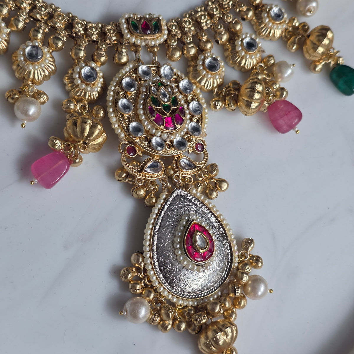 Eshale Fusion Motif Green & Pink Necklace