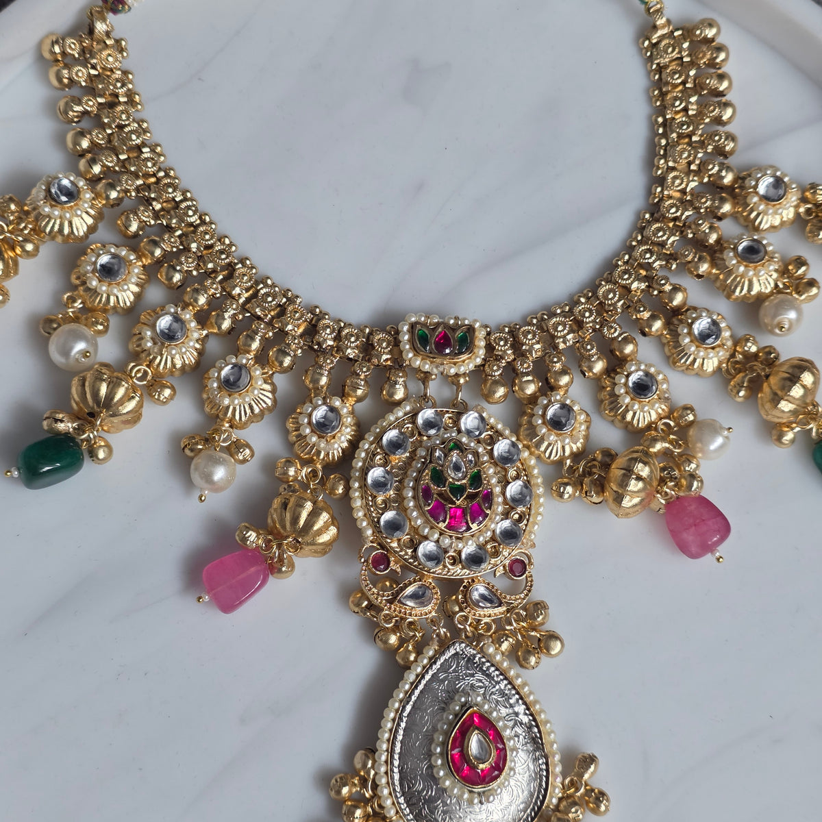 Eshale Fusion Motif Green & Pink Necklace