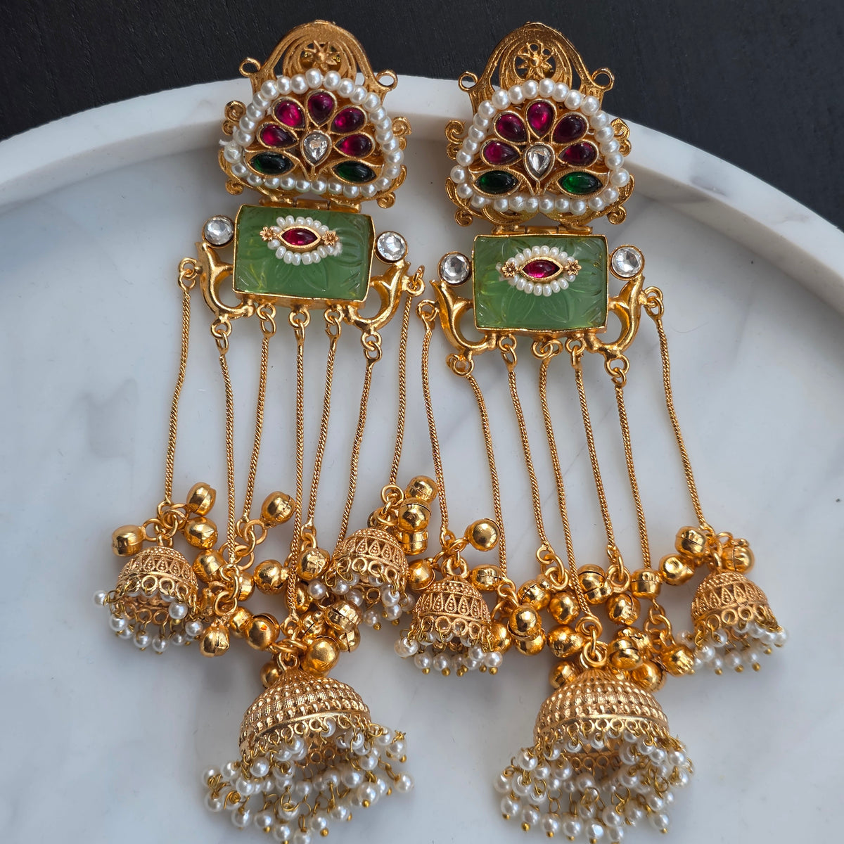 Eshale Kashmiri Jade Green Ghungroo Jhumkis