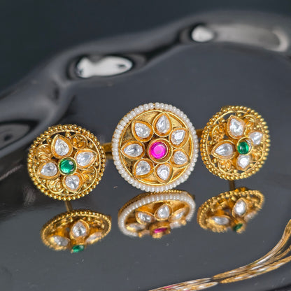Eshale Kundan Green and Pink Double Finger Ring