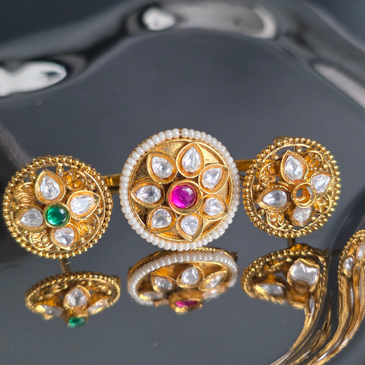 Eshale Kundan Green and Pink Double Finger Ring