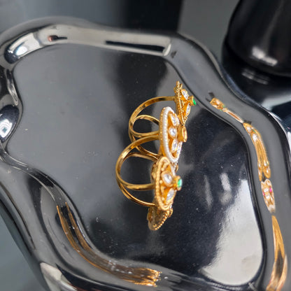 Eshale Kundan Green and Pink Double Finger Ring