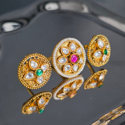 Eshale Kundan Green and Pink Double Finger Ring