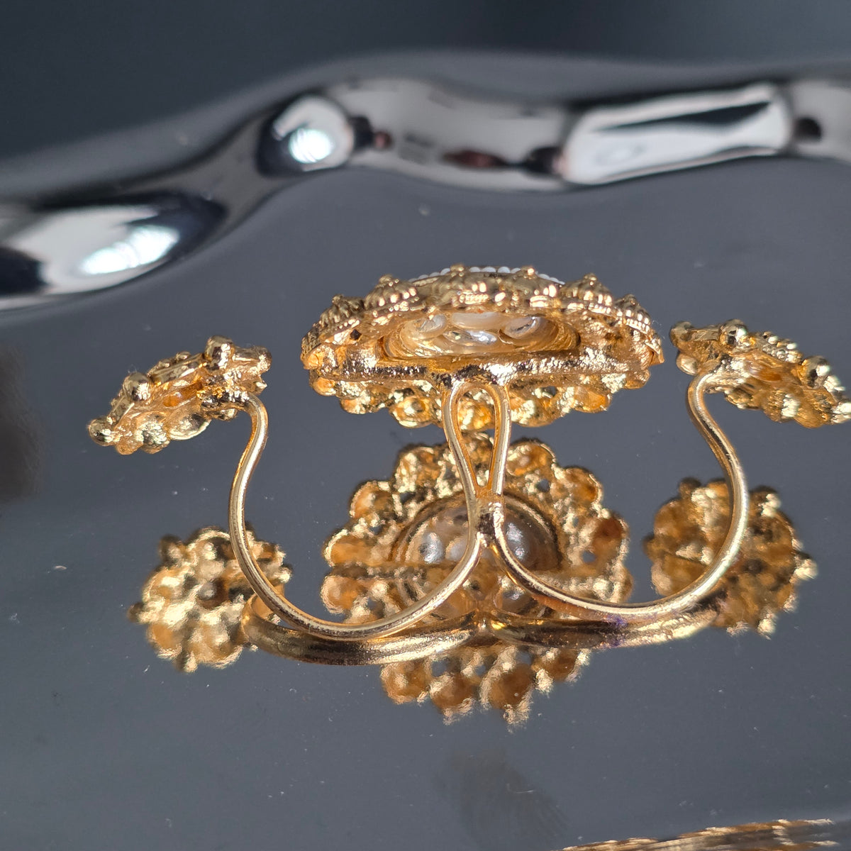 Eshale Kundan Pearl & Gold Double Finger Ring