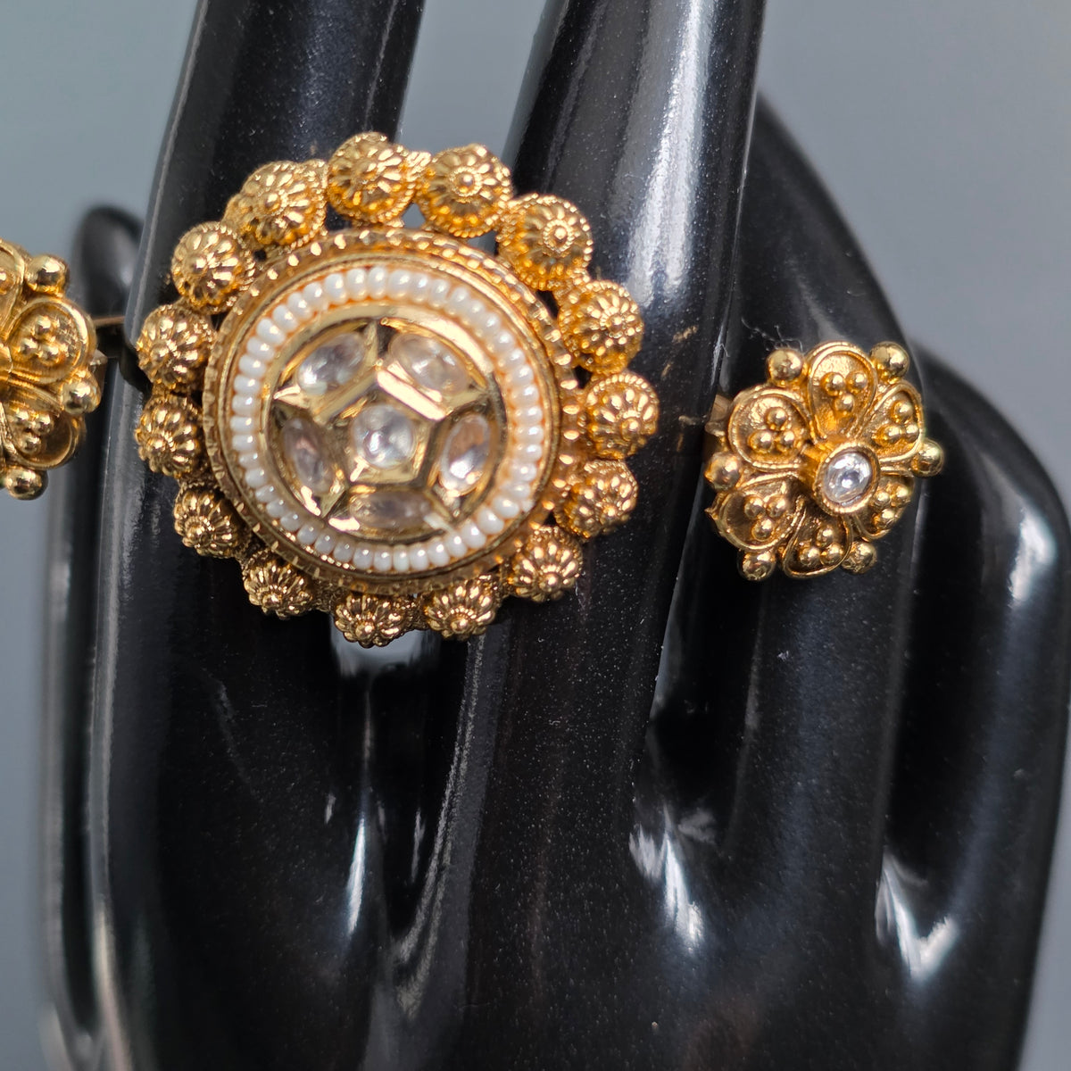 Eshale Kundan Pearl & Gold Double Finger Ring