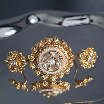 Eshale Kundan Pearl & Gold Double Finger Ring
