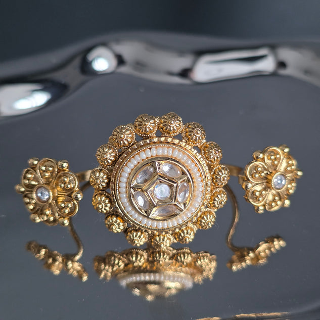 Eshale Kundan Pearl & Gold Double Finger Ring