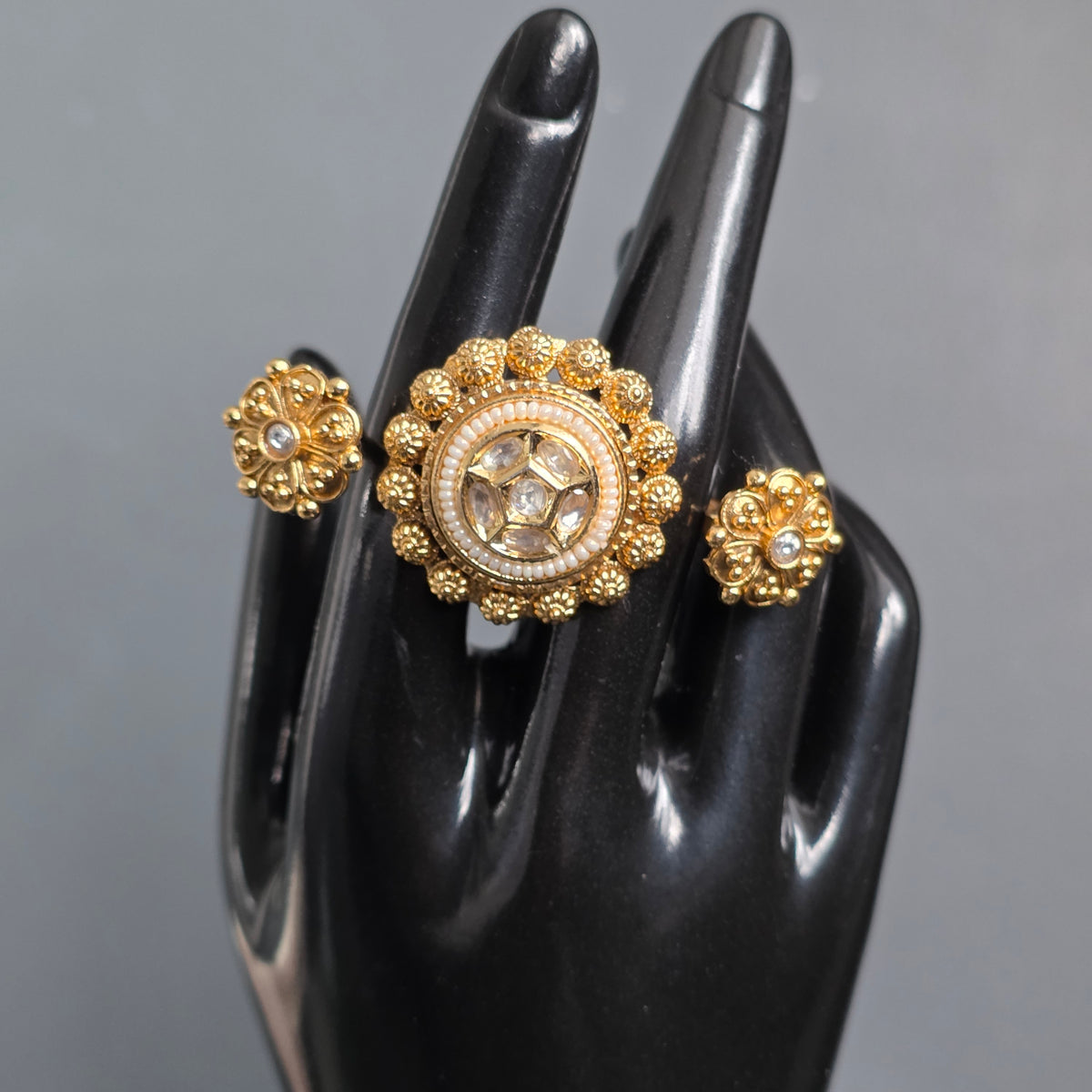 Eshale Kundan Pearl & Gold Double Finger Ring
