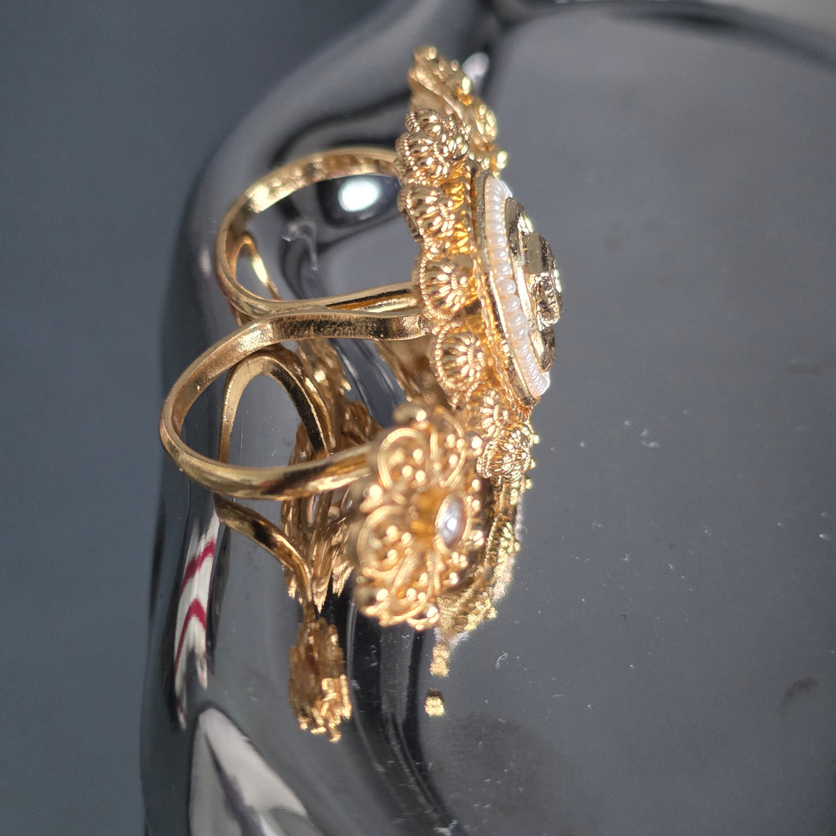 Eshale Kundan Pearl & Gold Double Finger Ring